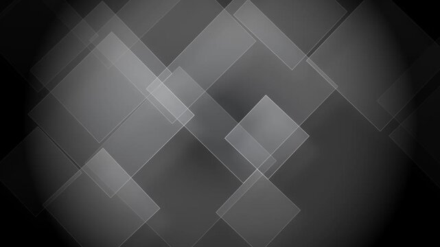 Abstract dark grey and black background with overlapping translucent geometric squares and rectangles creating a modern, elegant pattern