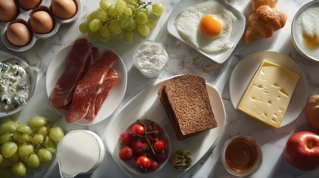Varied breakfast featuring eggs, fruit, cheese, meat, and pastries top view