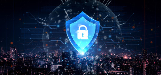 Digital security shield providing network protection and data privacy. This represents a firewall...