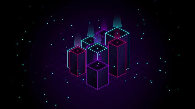 Futuristic digital city with glowing neon buildings, abstract technology background for big data and network visualization
