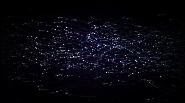 Abstract background of glowing particles with dynamic light trails, creating a futuristic and energetic visual effect in dark space, symbolizing data flow or network