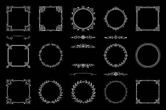 An assortment of ornate floral frame designs is presented as a flat vector illustration on a black background arabesque border