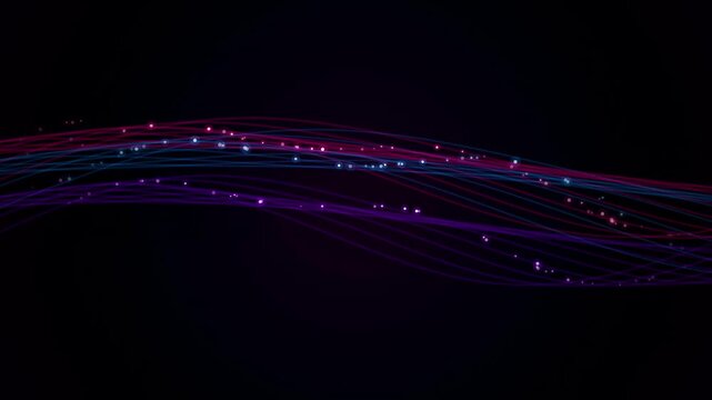 Abstract wave of light with vibrant pink, purple, and blue lines, sparkling particles, and glowing dots creating a dynamic, futuristic, and technological background