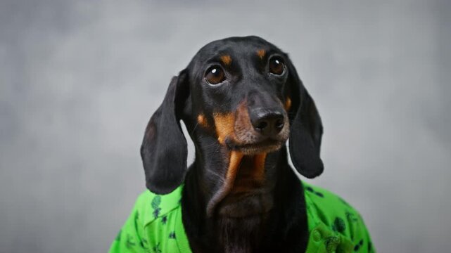 A black and tan dachshund dog in a vivid green patterned shirt tilts its head and listens attentively against a plain grey wall, a concept of attention and pet training.
