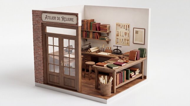 Bookbindery workshop diorama showing traditional tools books and wooden workbenches in miniature scale.
