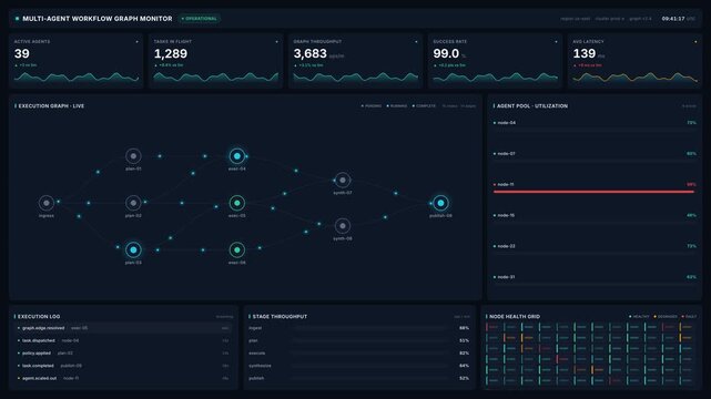 Multi agent workflow graph monitor interface with real time node execution statistics task throughput metrics, for artificial intelligence operations, data processing, system