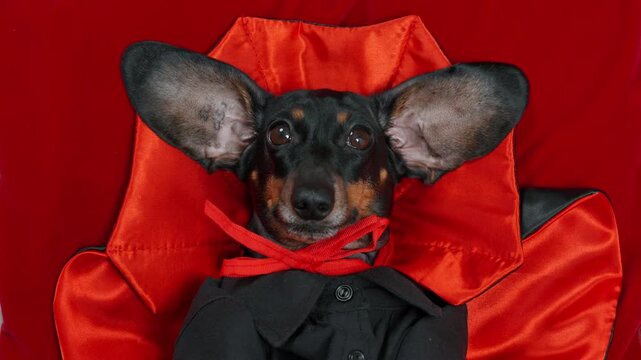 A black and tan dachshund dog wears a dracula inspired costume with a red satin cloak and ribbon collar, a playful concept of halloween pet cosplay.