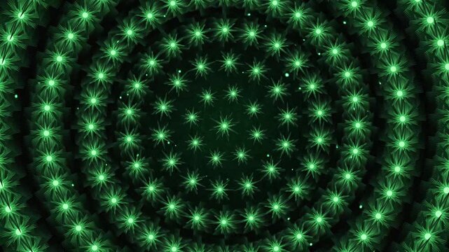 Abstract pattern of glowing green star shapes arranged in concentric circles on a dark background, creating a mesmerizing visual effect