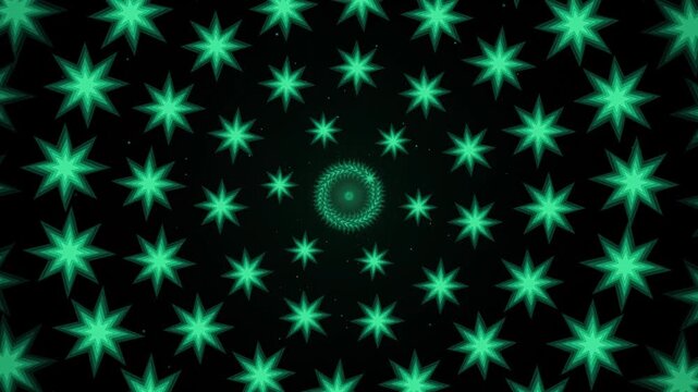Hypnotic abstract background with a mesmerizing spiral of glowing green star shapes, creating a dynamic and artistic visual effect on a dark backdrop