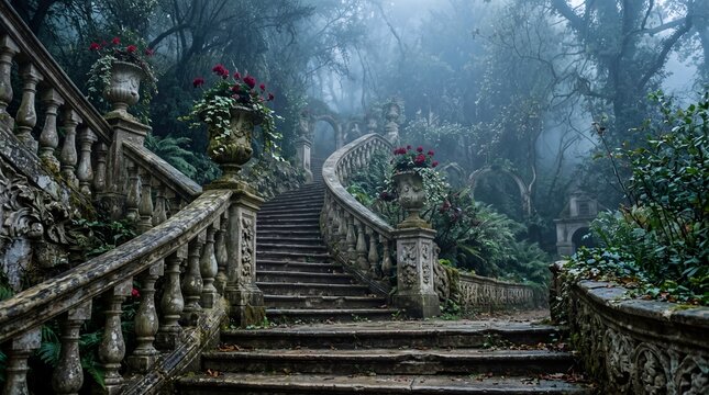 Gothic romance stone staircase in a dark misty enchanted forest