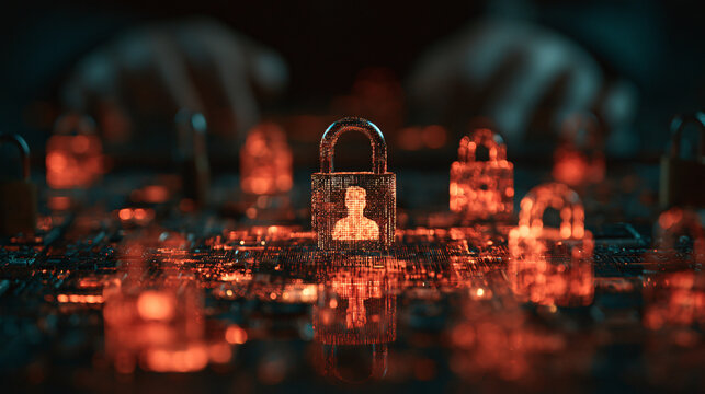 Identity and access management cybersecurity concept with glowing digital padlock