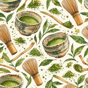 Watercolor seamless pattern of traditional matcha green tea ceremony elements   