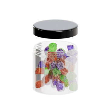 3d sugary gummy candy sweets in jar container, on neutral background