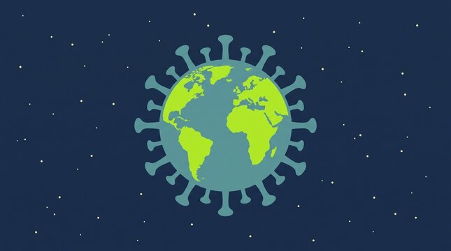 A flat illustration of the planet earth styled like a coronavirus cell against a dark background with science
