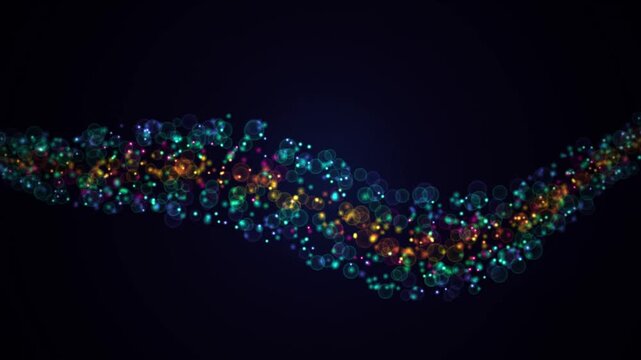 Abstract background with colorful glowing particles and translucent bubbles forming a dynamic wave pattern on a dark backdrop