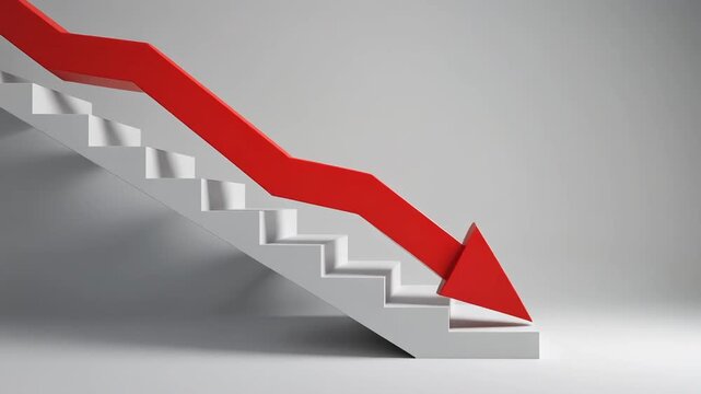 Red 3D Arrow Sliding Down White Staircase on Clean Studio Background, Decline, Recession and Financial Loss Concept