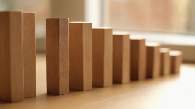 Row of Wooden Blocks Decreasing in Height Like a Descending Bar Chart, Business Decline and Economic Recession Concept