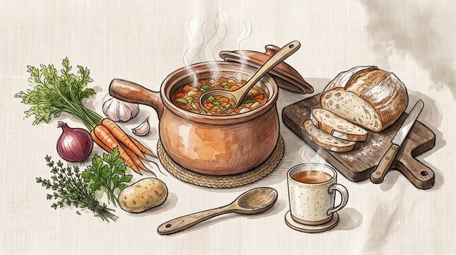 A steaming pot of hearty stew surrounded by fresh ingredients like carrots, onions, potatoes, and herbs, with sliced bread and a warm mug of soup on a rustic tablecloth