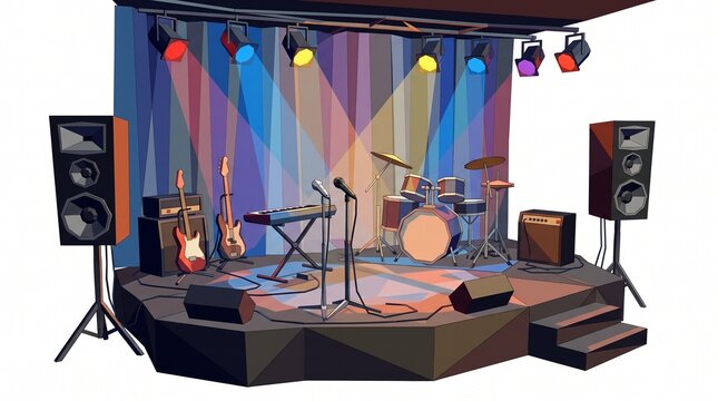 A fully equipped music stage ready for a live performance, complete with instruments, speakers, and dramatic lighting