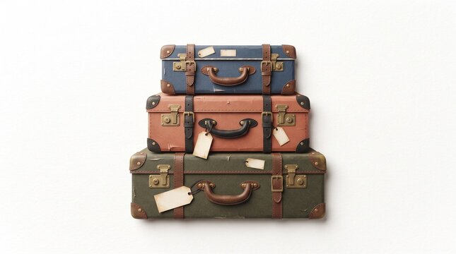 A stack of three vintage suitcases, in various colors and sizes, are neatly piled on top of each other. Each suitcase has a classic design with leather straps, metal latches, and luggage tags.