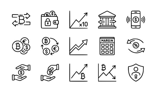Cryptocurrency Money Transfer Margin Trading and Bitcoin Finance UI Line Icons