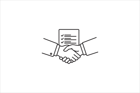 Business handshake with contract deal icon in minimal line art style. Vector illustration for agreement, partnership, and policy.