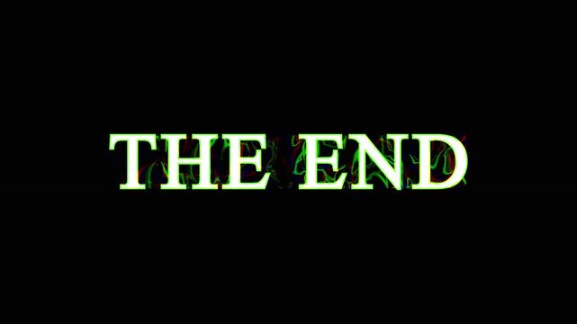 Glitch effect the end text animation with chromatic aberration pulses on simple black background.