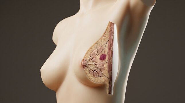 Cross section anatomical model of a human breast showing tumor tissue with healthcare oncology pathology carcinoma diagnosis diagnostic screening examination mastectomy