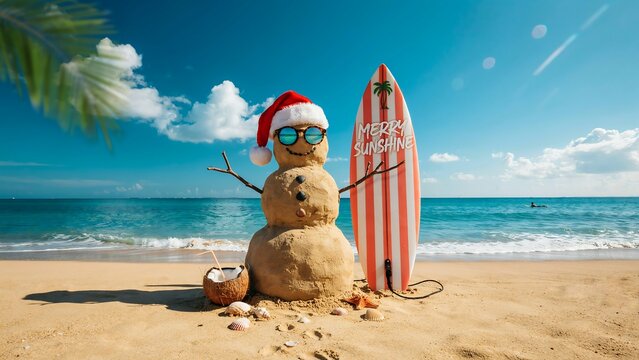 Sand snowman wearing a red santa hat and sunglasses standing on a tropical beach next to a surfboard