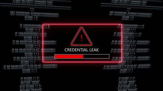 Cyber security alert warning featuring a credential leak notification with a red glowing progress bar and background, python code for, data breach, hacking, threat, and digital, identity protection