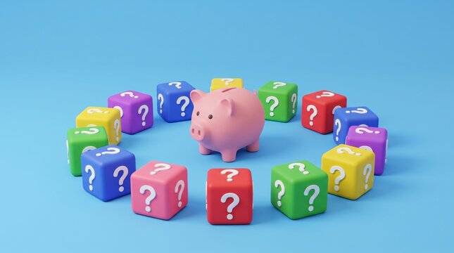 A pink piggy bank standing in the center of a circle of colorful question mark cubes with multi colored cubes