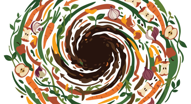 Circular vector illustration of organic food waste composting into rich soil vortex featuring carrots apple cores and onions