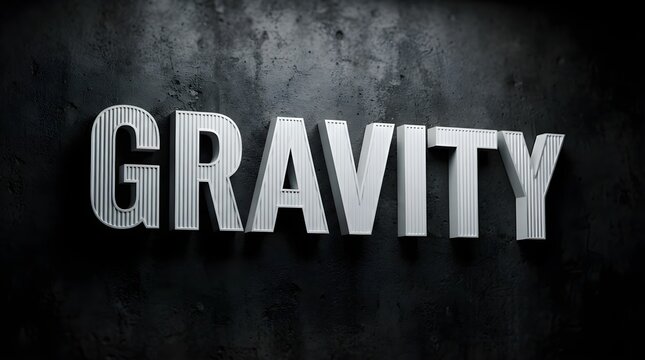 Three dimensional gravity word written in bold metallic style letters