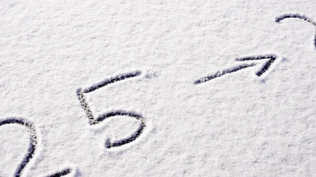 Written sketch for new year change from 2025 to 2030 vision. Snow background numbers ice outdoor on ground in winter. Writing text sign and drawing on field in nature frozen background