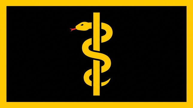 Yellow rod of asclepius symbol with a coiled snake on a black background with centered black rectangular art