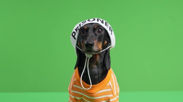 A black and tan dachshund dog wears a white helmet with prison lettering and an orange striped shirt, a playful take on crime, justice and law enforcement themes.