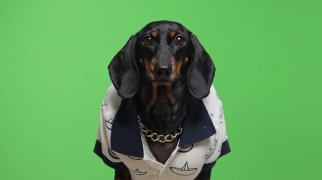 A black and tan dachshund dog wears a white shirt printed with paper boat motifs and a chunky gold chain, sitting still and facing forward on a green screen, a summer pet fashion retail idea.