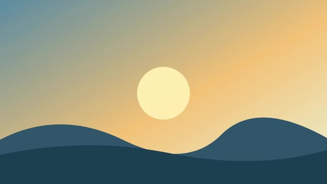 Pale sun moving over dark blue hills against a golden and blue gradient sky, sunset landscape animation