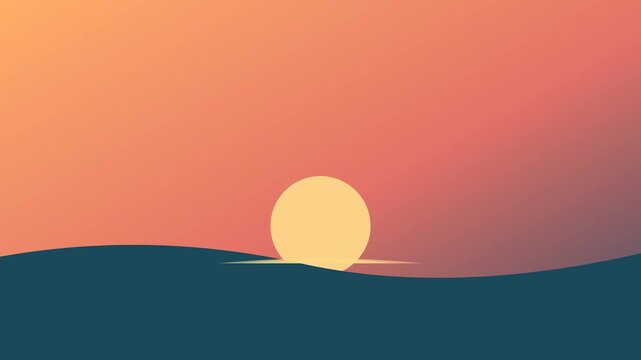 Flat illustration sunset with sun over dark sea and orange sky