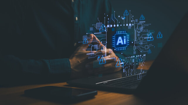 Businessman using laptop with glowing artificial intelligence digital hologram. Smart future technology, ai chip, and data network concept for modern computer and digital business.