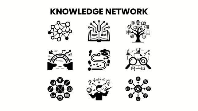 Knowledge network icon set showing digital connectivity educational paths and data information learning structures with education icons