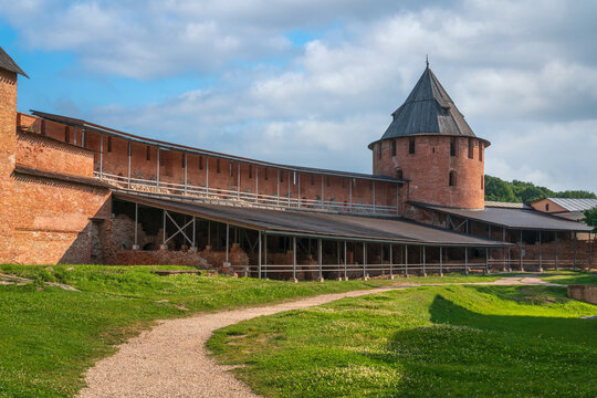 Ruins of the Archbishop's Palace and Fedorovskaya Tower on the territory of the Vladychny Court in the Novgorod Kremlin (Novgorodsky Detinets), Veliky Novgorod, Russia