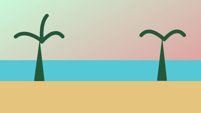 Flat illustration tropical beach with swaying palm trees and sea