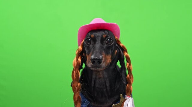 A black and tan dachshund dog dressed in a denim outfit with a pink brimmed hat, long red braid wig and a star badge sits against a green screen, a playful fancy dress character.