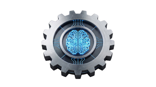 Gear wheel featuring a glowing blue digital brain in the center symbolizes artificial intelligence and cognitive technology.