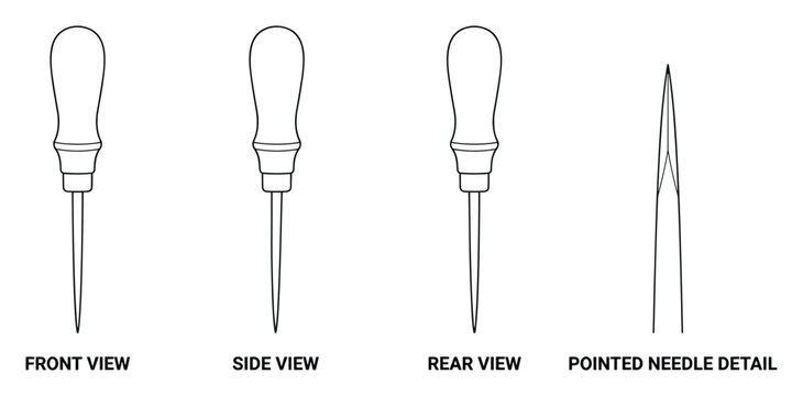 Awl tool with pointed needle and wooden handle for piercing and marking materials.