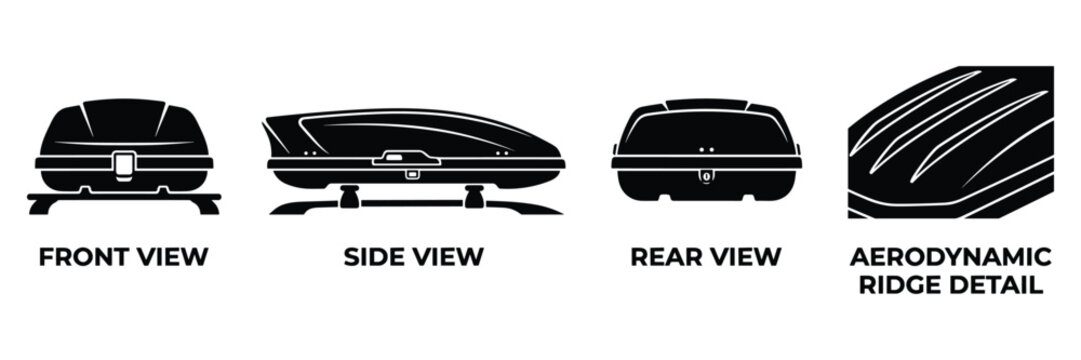 Black cargo box roof rack front side rear views aerodynamic ridge detail.