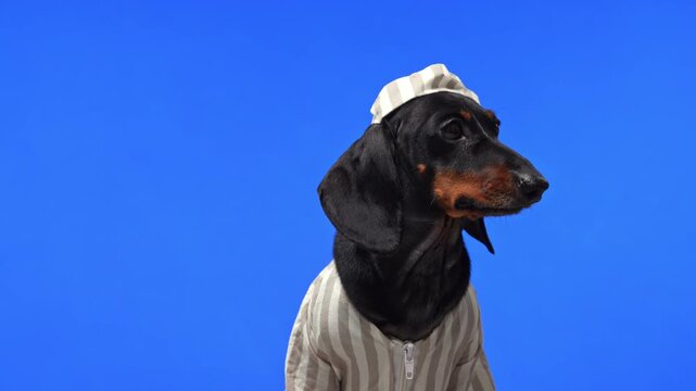 A black and tan dachshund dog wearing a striped uniform and a matching striped cap turns its head against a plain blue background, a playful take on jail humor and mischief.