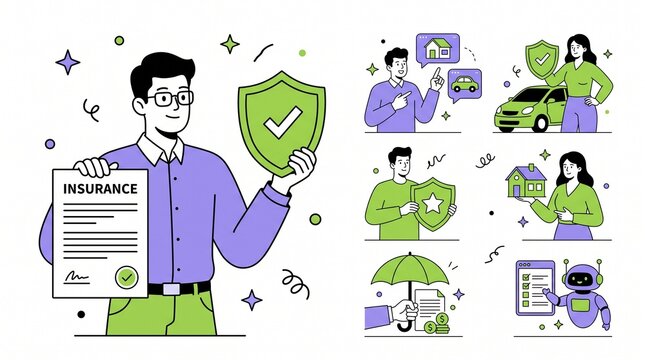 People and robot characters presenting insurance services with shields and documents in flat vector style