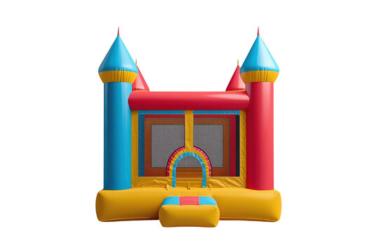Colorful inflatable bounce house with blue turret roofs